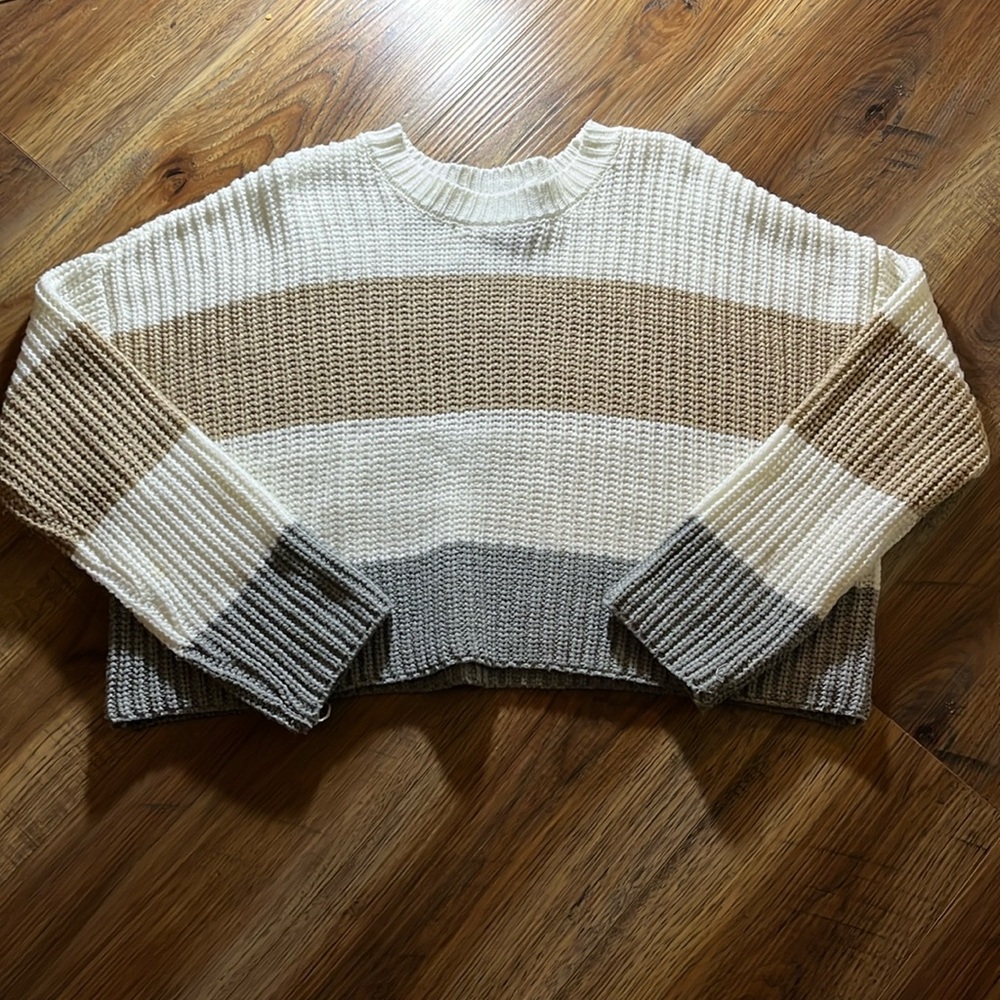 White, tan, grey striped sweater